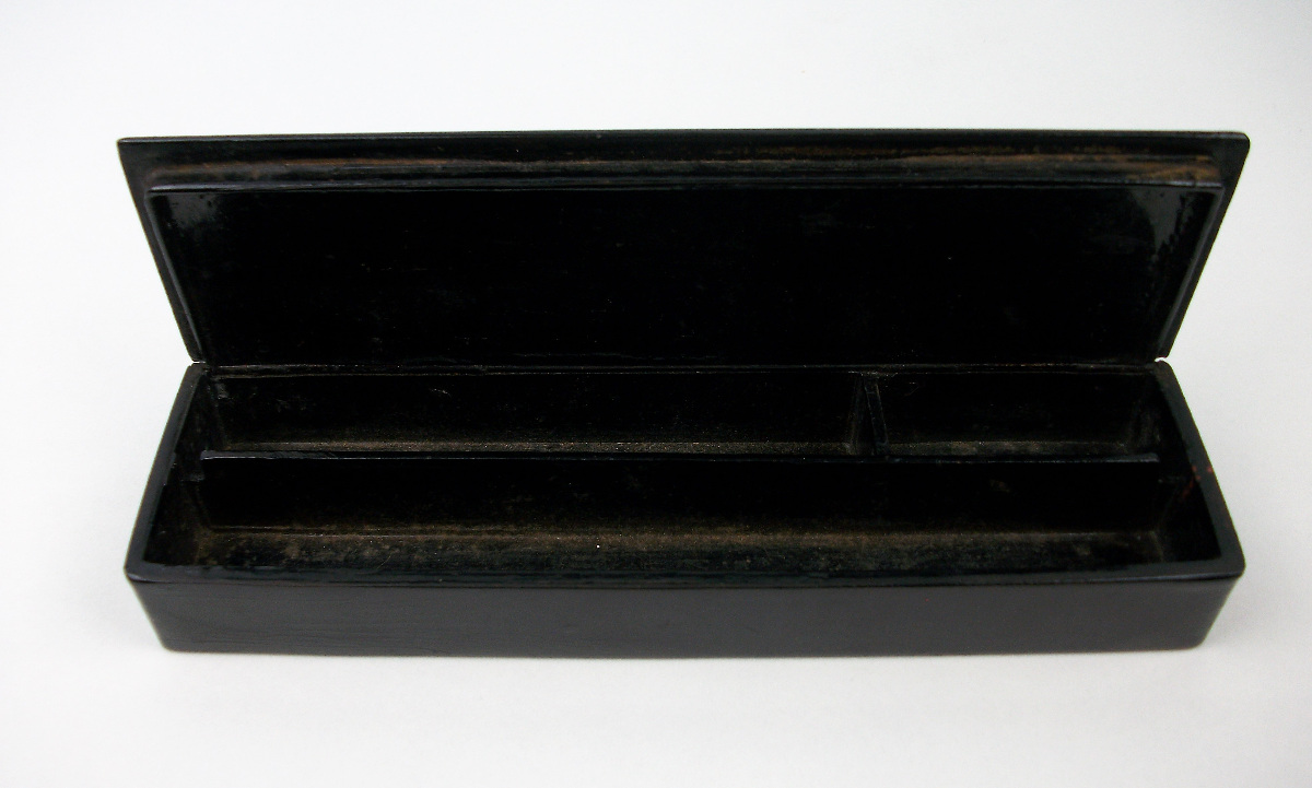 Antique Japanese Hand-Painted Black Lacquer Pencil Box Papier Mache Chinoiserie